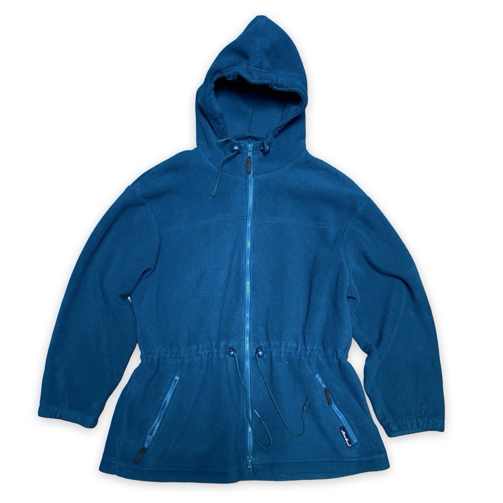 Vintage Eddie Bauer Fleece Jacket Women's Large Blue Full Zip Hooded Cinch Waist